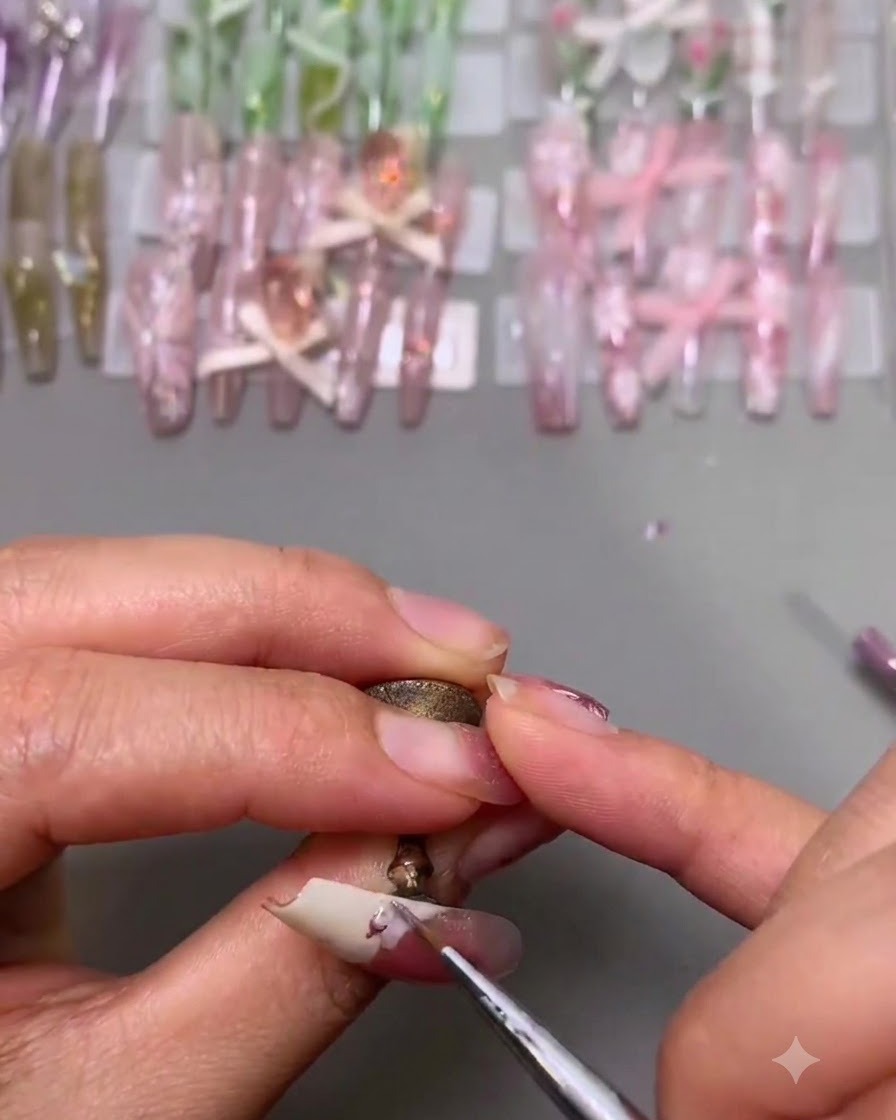 A detailing brush applying small pink petals onto the white tip of a nail.