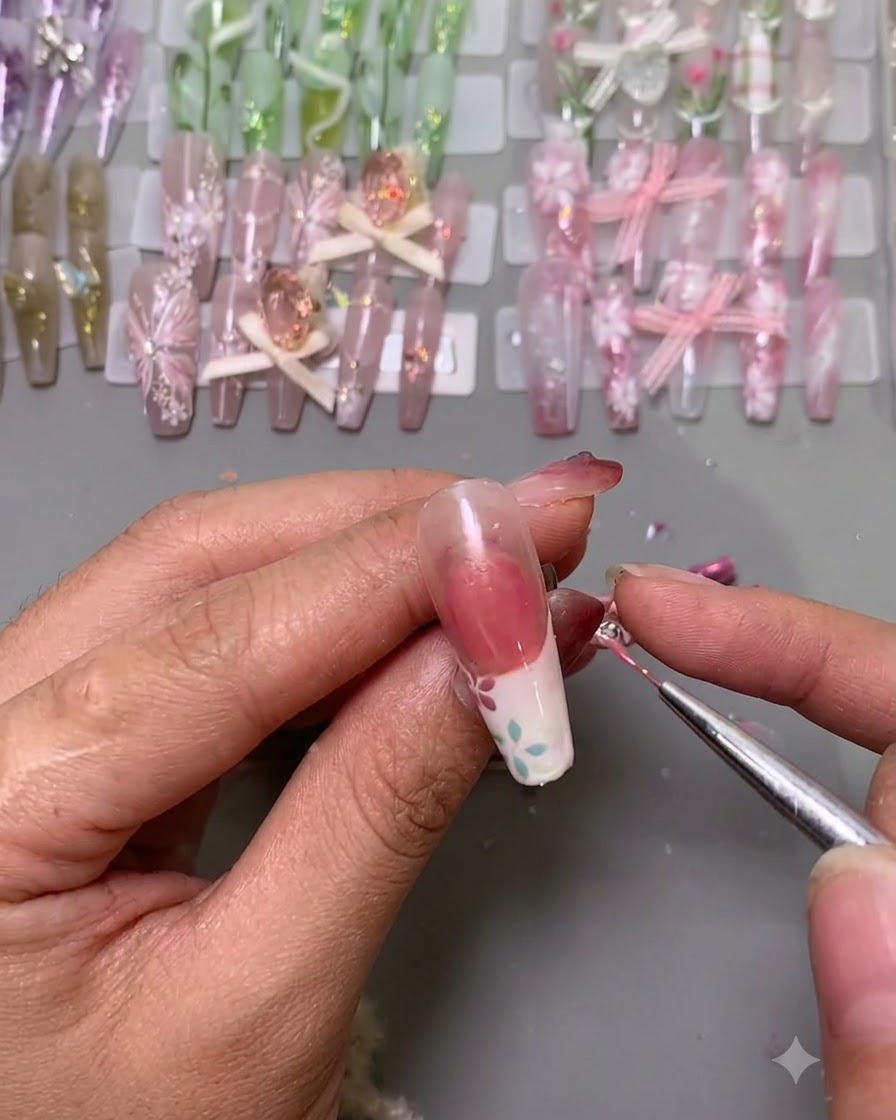 A fine brush placing tiny embellishments onto the center of painted flowers on a nail.