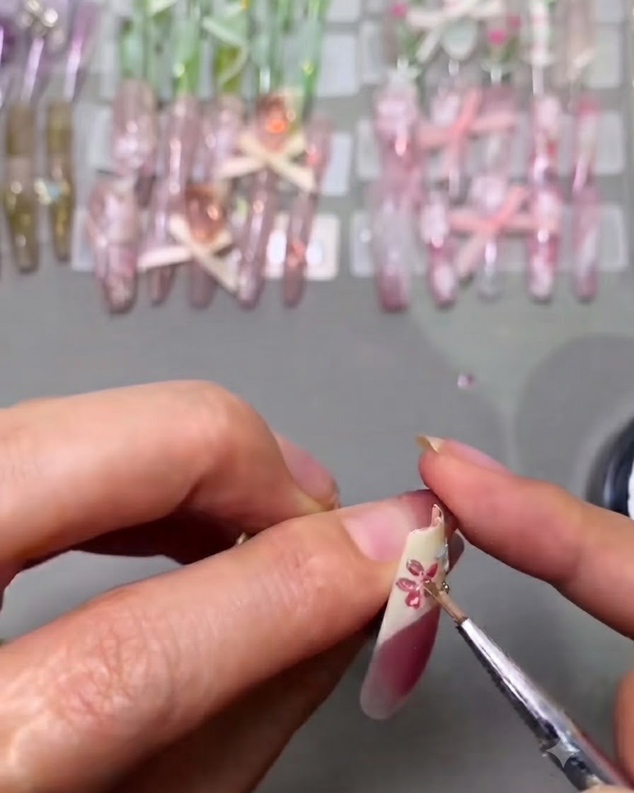 A detailed close-up of a nail artist applying thick clear gel over blue and yellow painted floral designs.