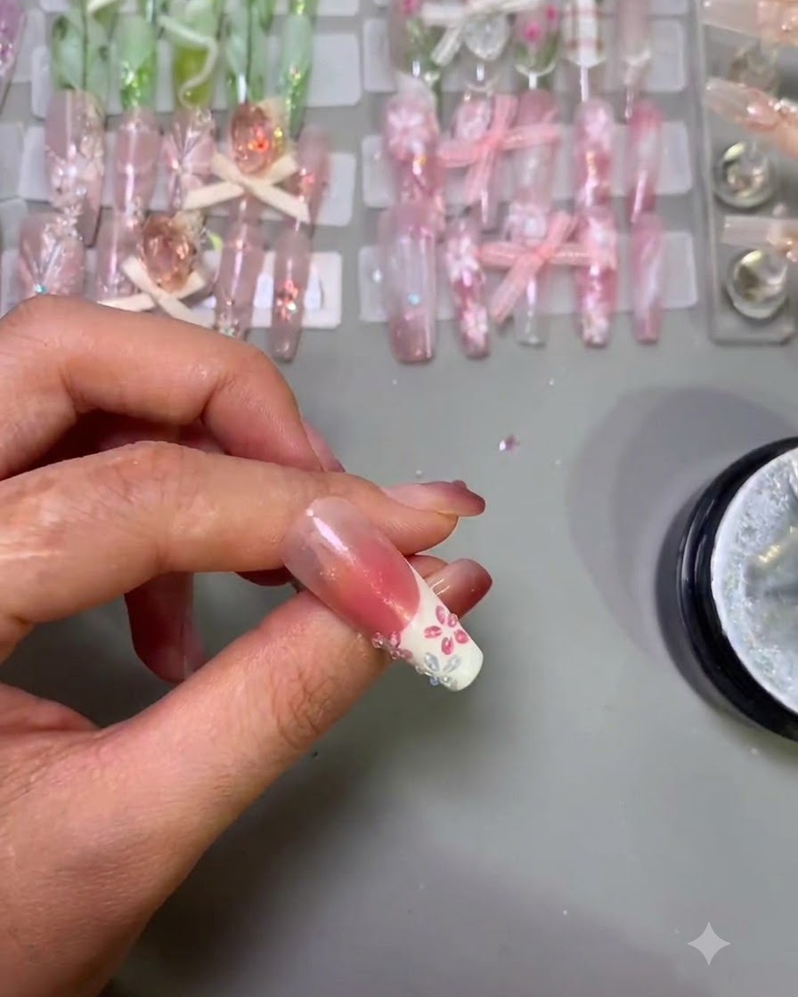 A pair of tweezers holding a tiny white pearl over the wet gel center of a 3D pink nail flower.