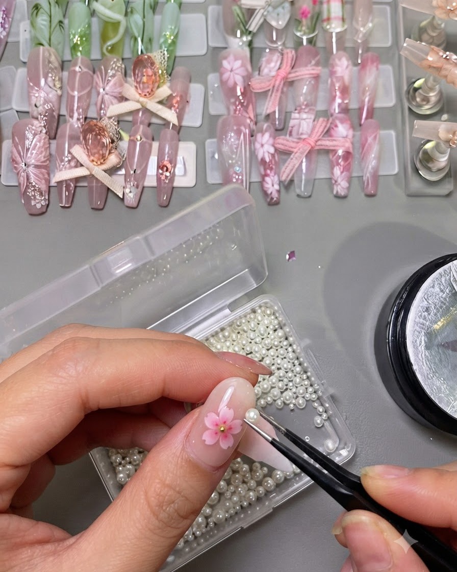 A hand using tweezers to select pearls from a storage wheel to decorate multiple floral nail designs.