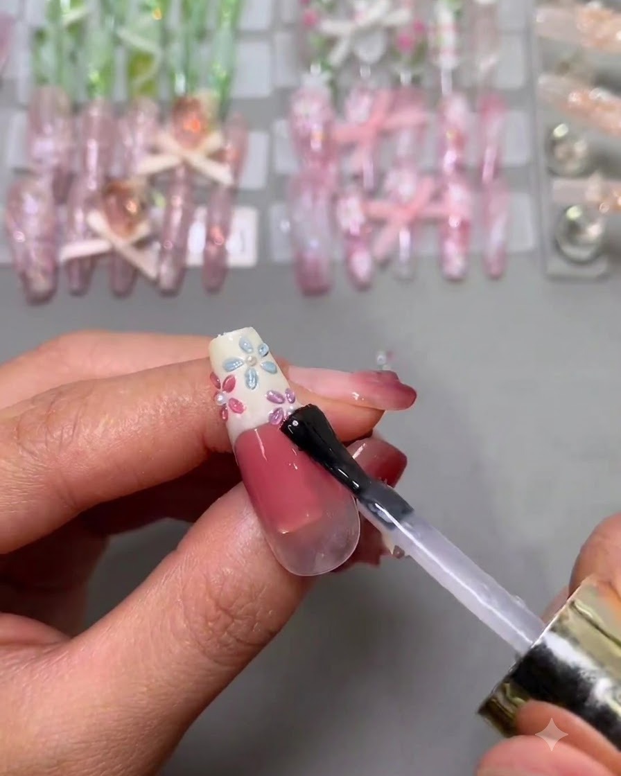 A brush applying a final coat of clear glossy top coat over a completed floral and pearl decorated nail.