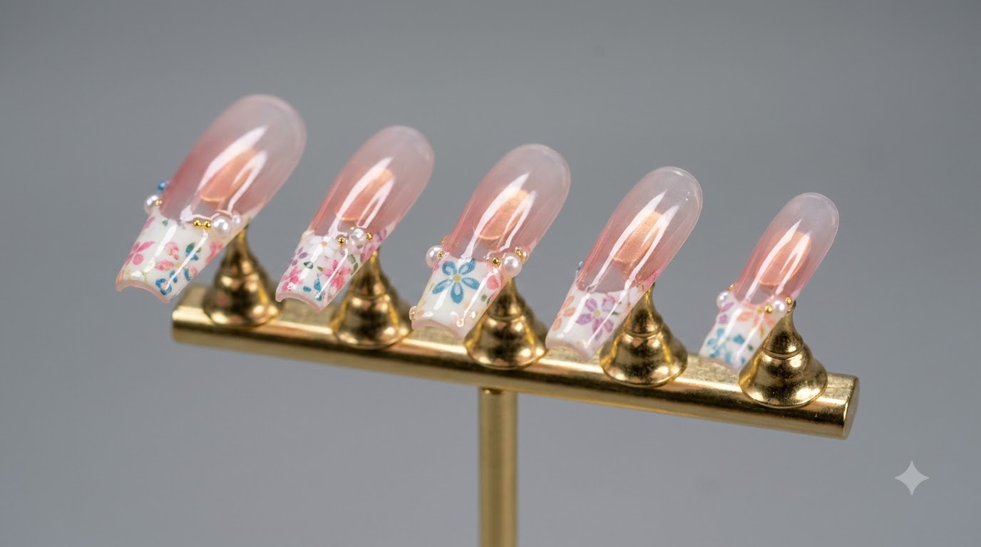 Close-up flat lay of multiple finished spring and summer floral French tip press-on nails displayed on a golden magnetic stand.