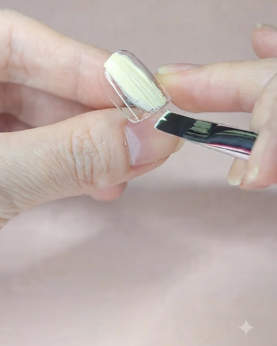 A flat brush applying a pale yellow base coat onto a clear nail display stand.