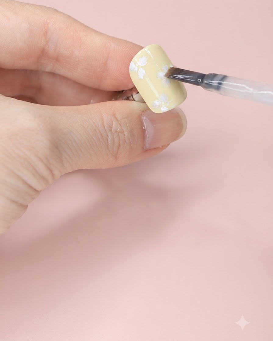 A nail brush applying a matte top coat over white flower nail art on a pale yellow nail.