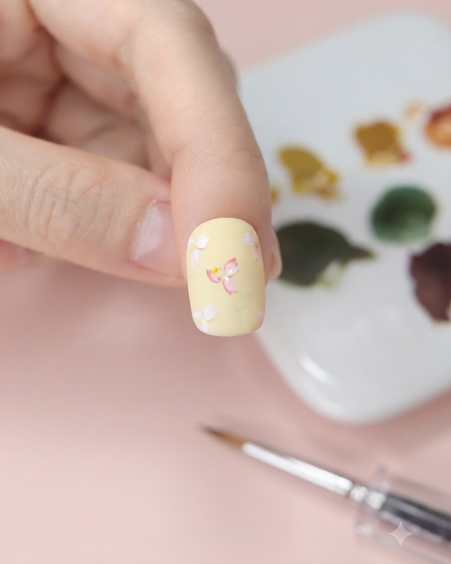 A hand holding a nail against a palette while picking up yellow watercolor with a fine brush.