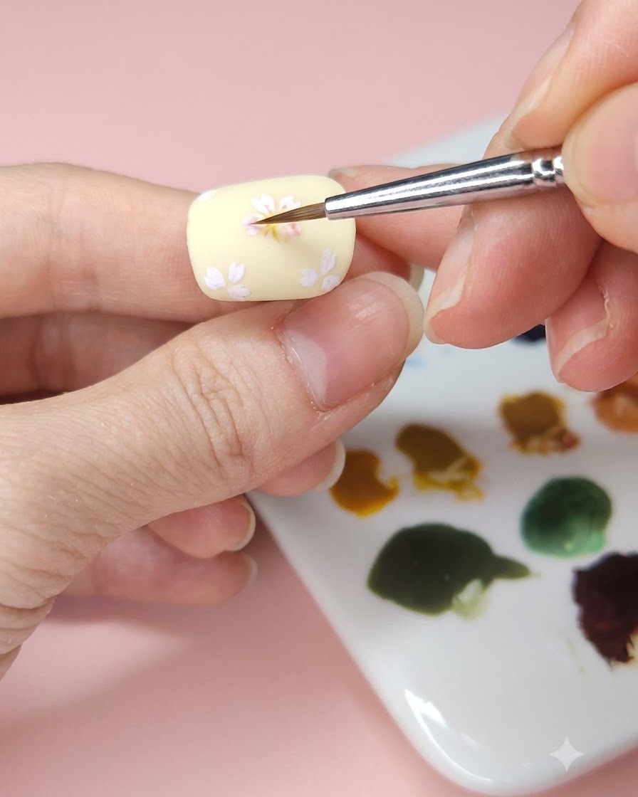 A fine nail art brush dabbing light blue watercolor onto a pale yellow manicured nail surface.