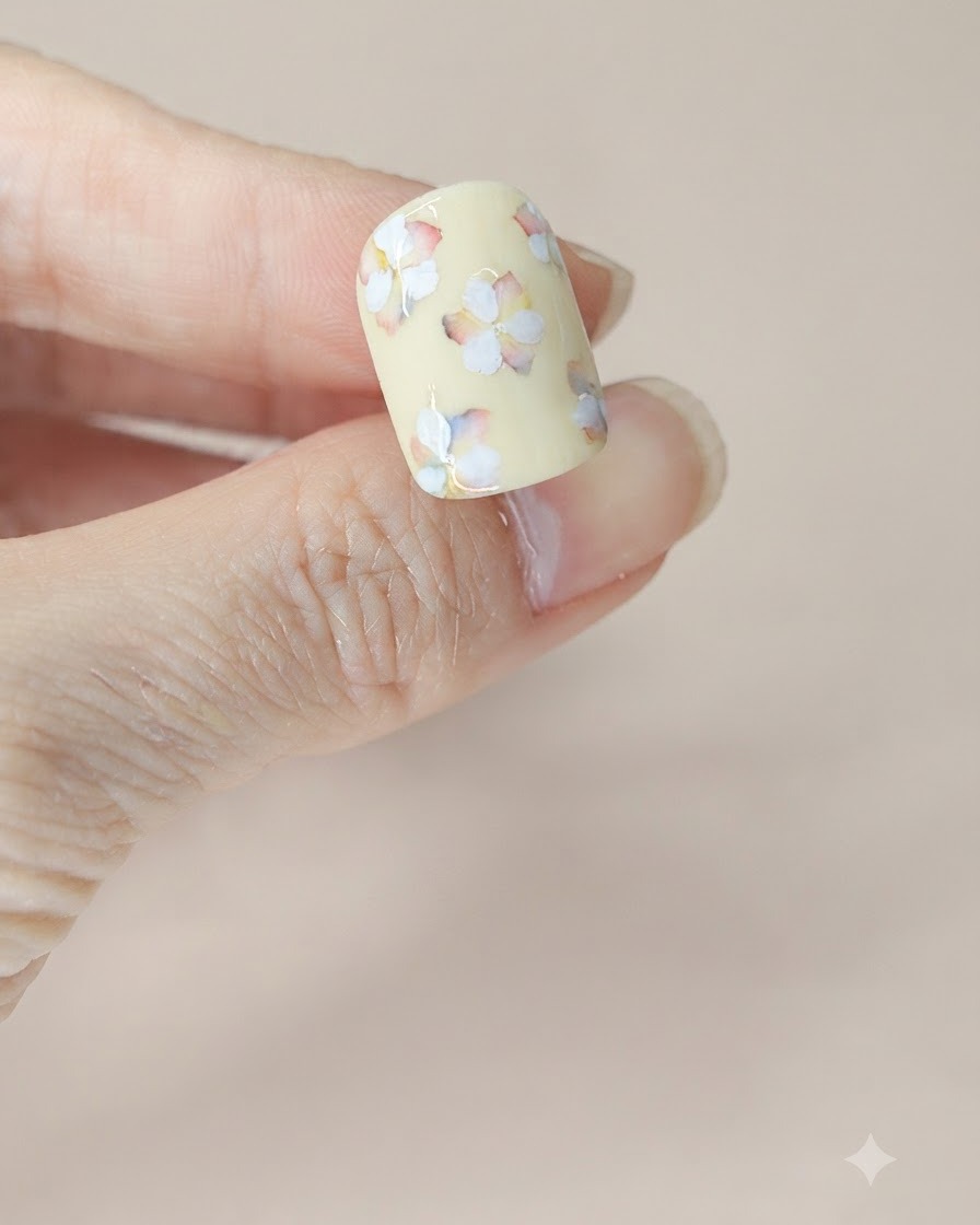 A nail surface coated with a fresh layer of matte top coat, displaying soft textured floral art.
