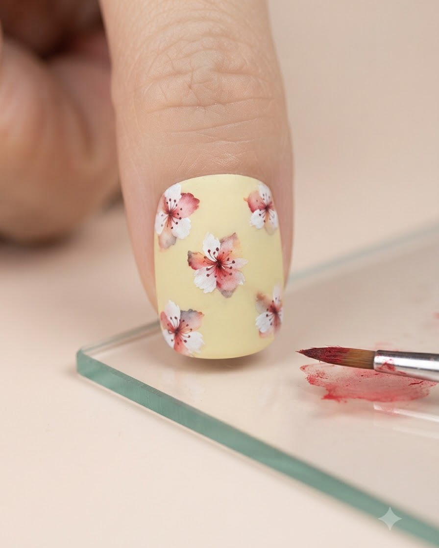 A fine paintbrush picking up red watercolor pigment from a glass palette next to the decorated nail.