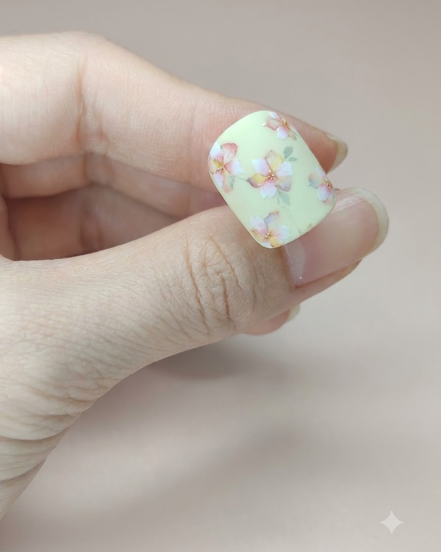 A fingernail displaying a delicate green watercolor leaf positioned near the bottom floral design.