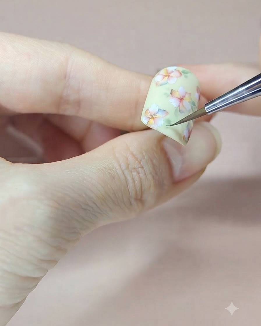 A fine detail brush adding green watercolor leaves around the top flower on a pastel yellow nail.