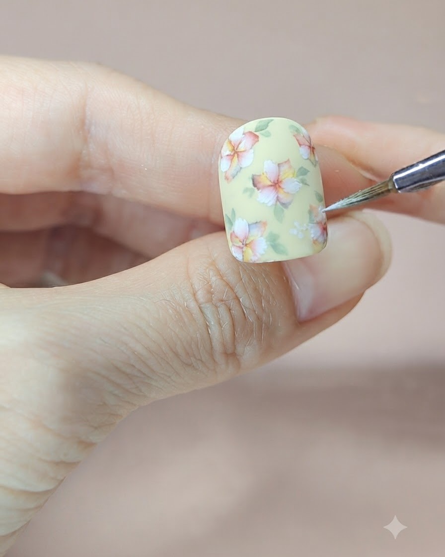 A nail artist refining green leaf edges and adding small white center dots to the finished floral nail art.