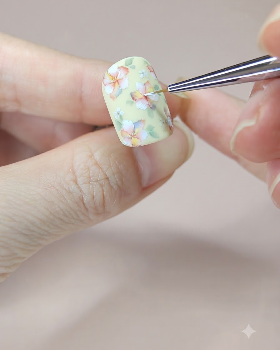 A fine nail art brush placing a white gel dot into the center of a painted flower.