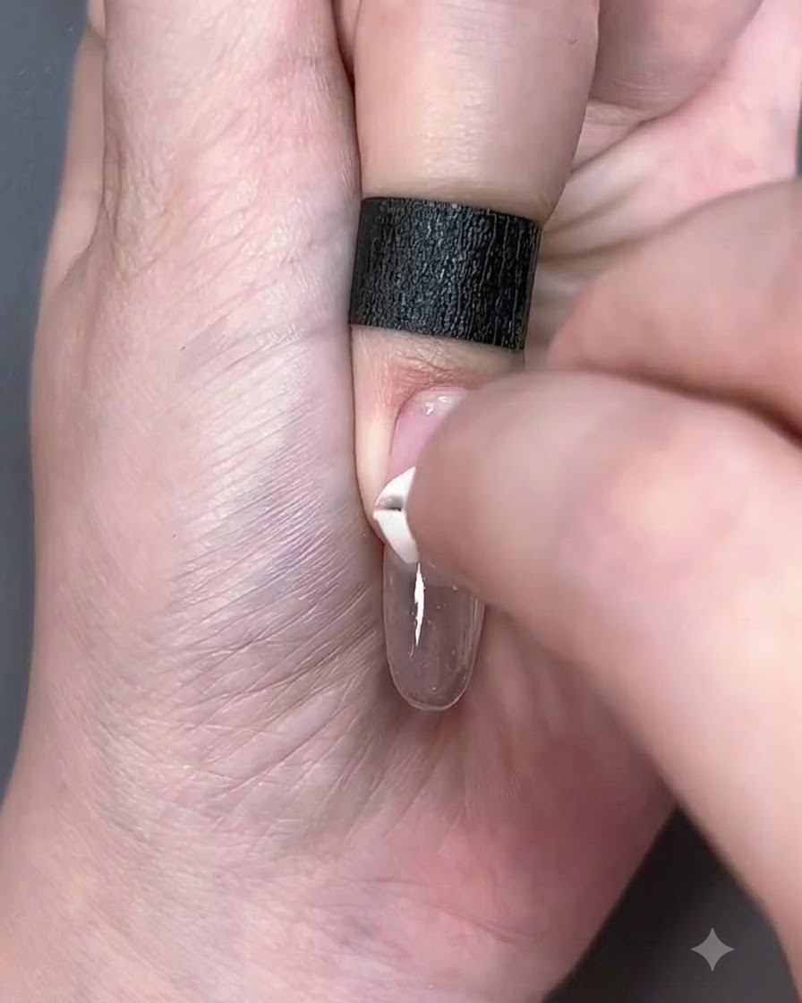 A close-up view of a small white sponge patting pink gel onto a clear nail tip.