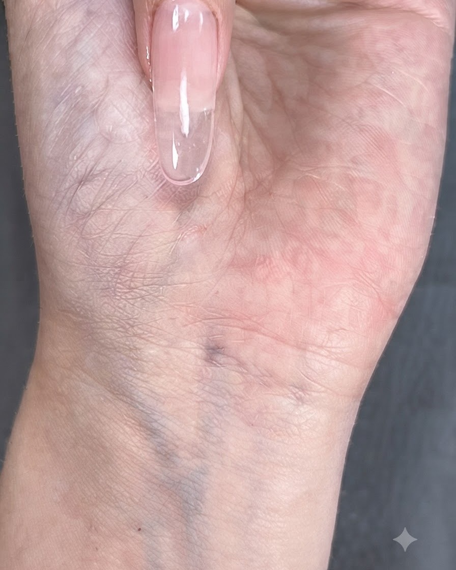 A fingernail showing an opaque milky pink gradient built up toward the cuticle.