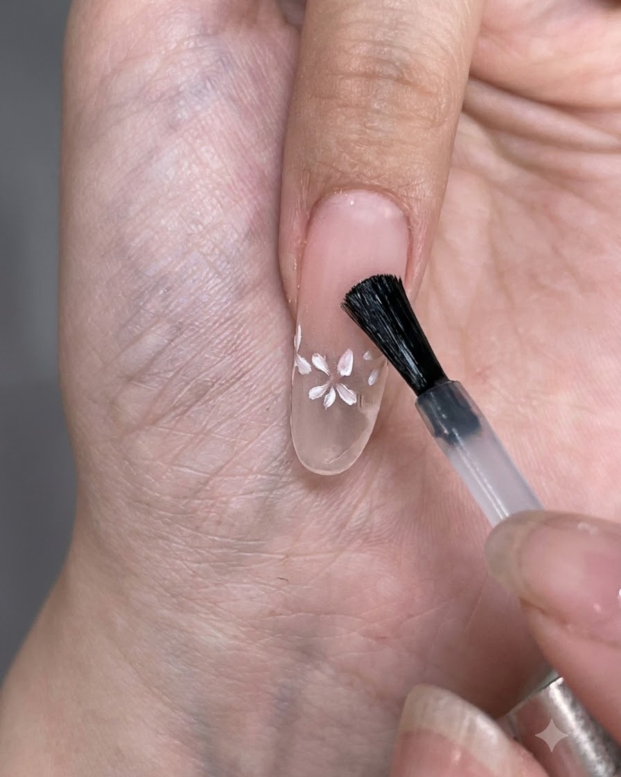 A brush applying a coat of matte top coat over a clear nail tip featuring small white painted flowers.