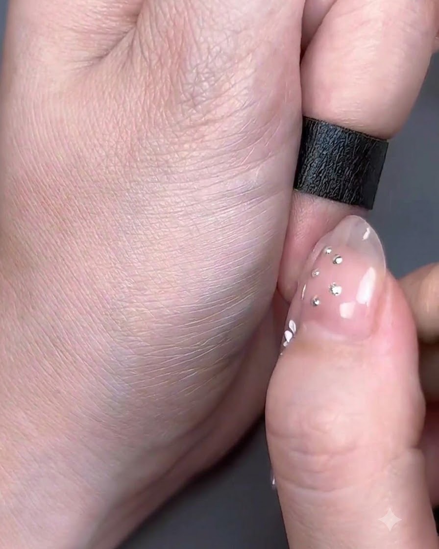 A hand working on intricate nail art details on a clear-tipped nail.