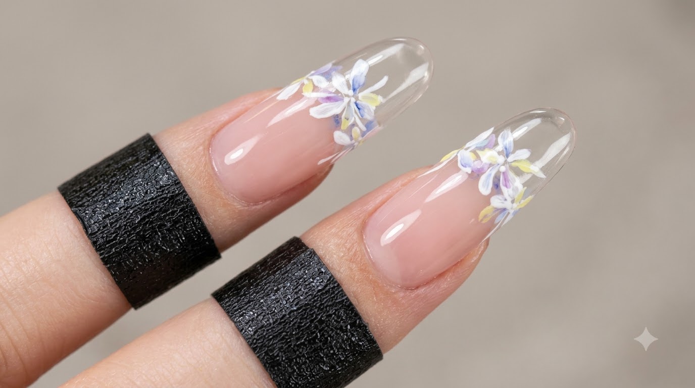 Clear French Tip with Layered Watercolor Floral Nail Art Tutorial