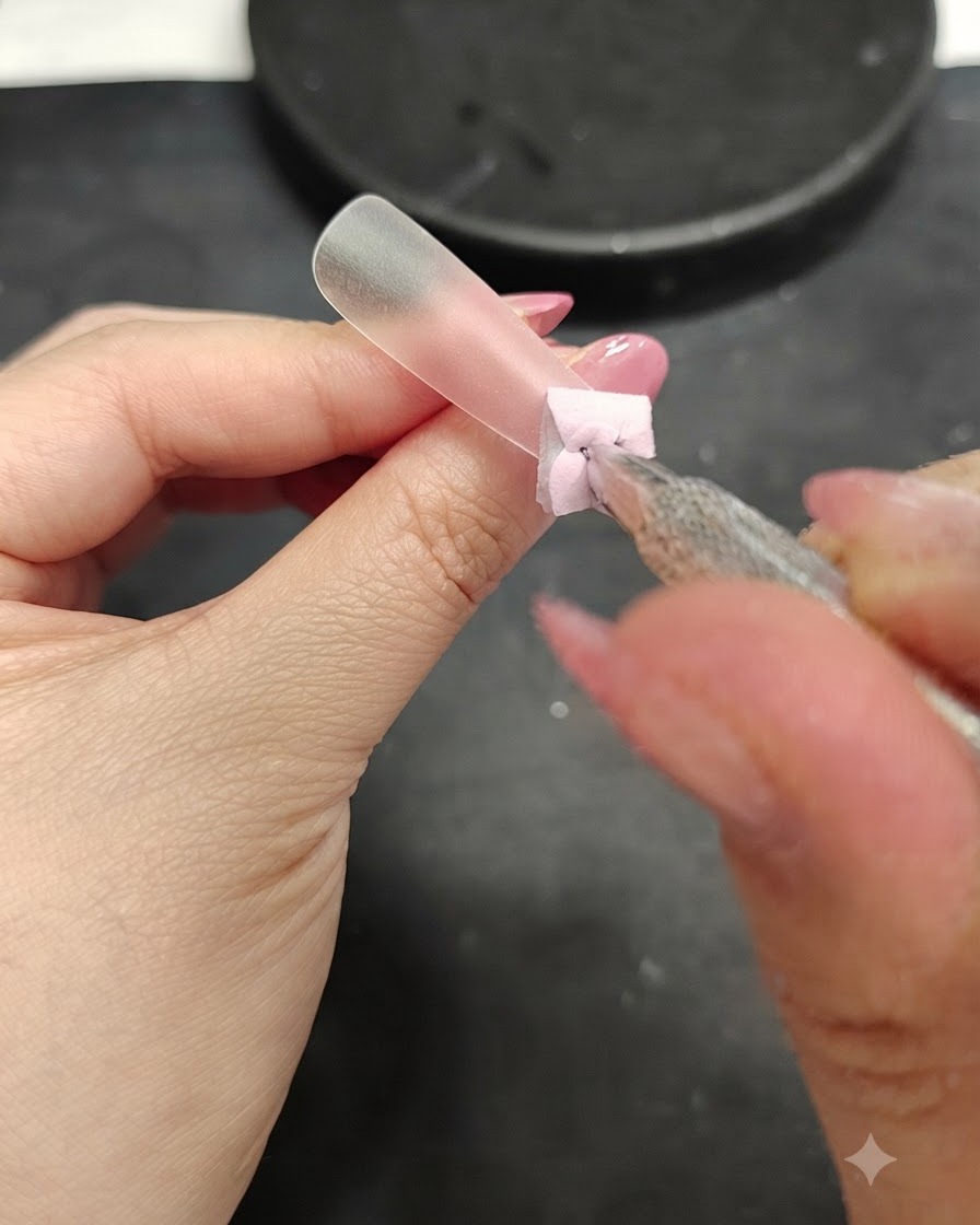A close-up of a nail tool adding final touch-up details to a small flower petal.