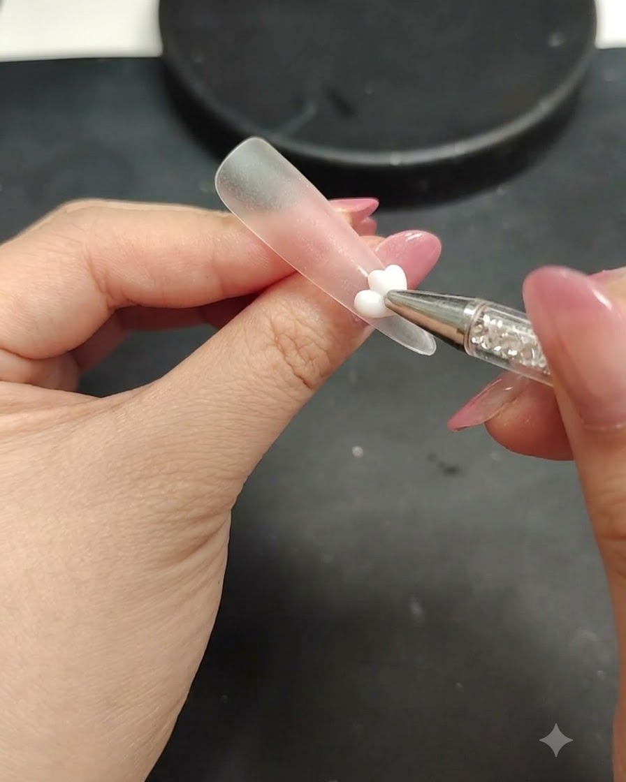 A brush applying a final top coat layer over a finished spring floral nail design.