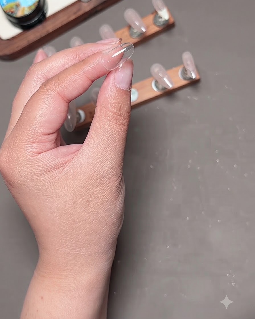 A hand holding a press-on nail while outlining a thin light blue line next to the white tip.
