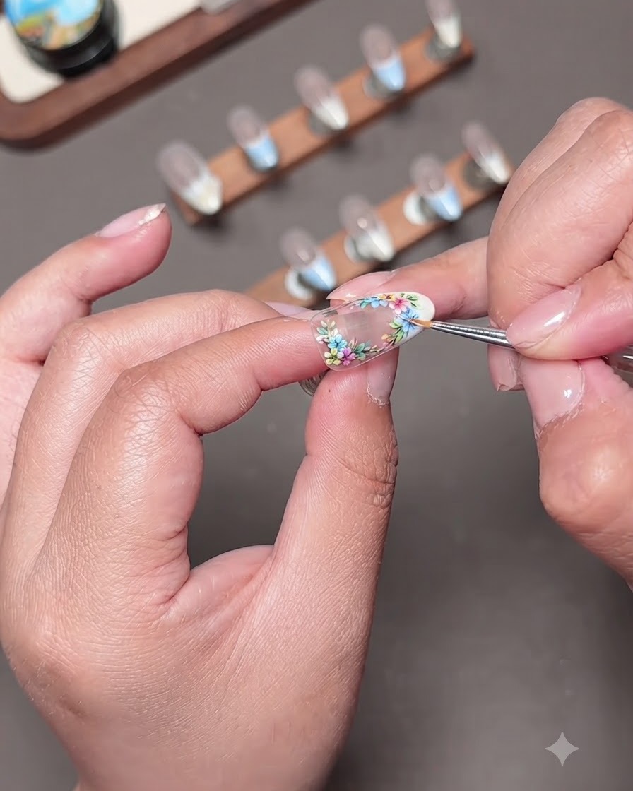 A close-up shot of a fine nail art brush refining the edges of small floral art on a press-on nail.