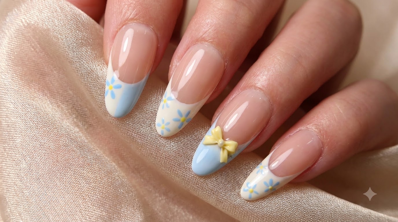 Finished press-on nails featuring a glossy nude base, asymmetrical white and baby blue French tips, and delicate blue flowers with yellow centers.