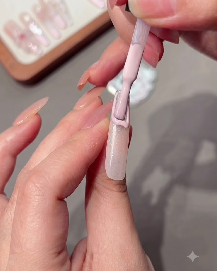Nude pink gel polish being applied along the guideline sticker.