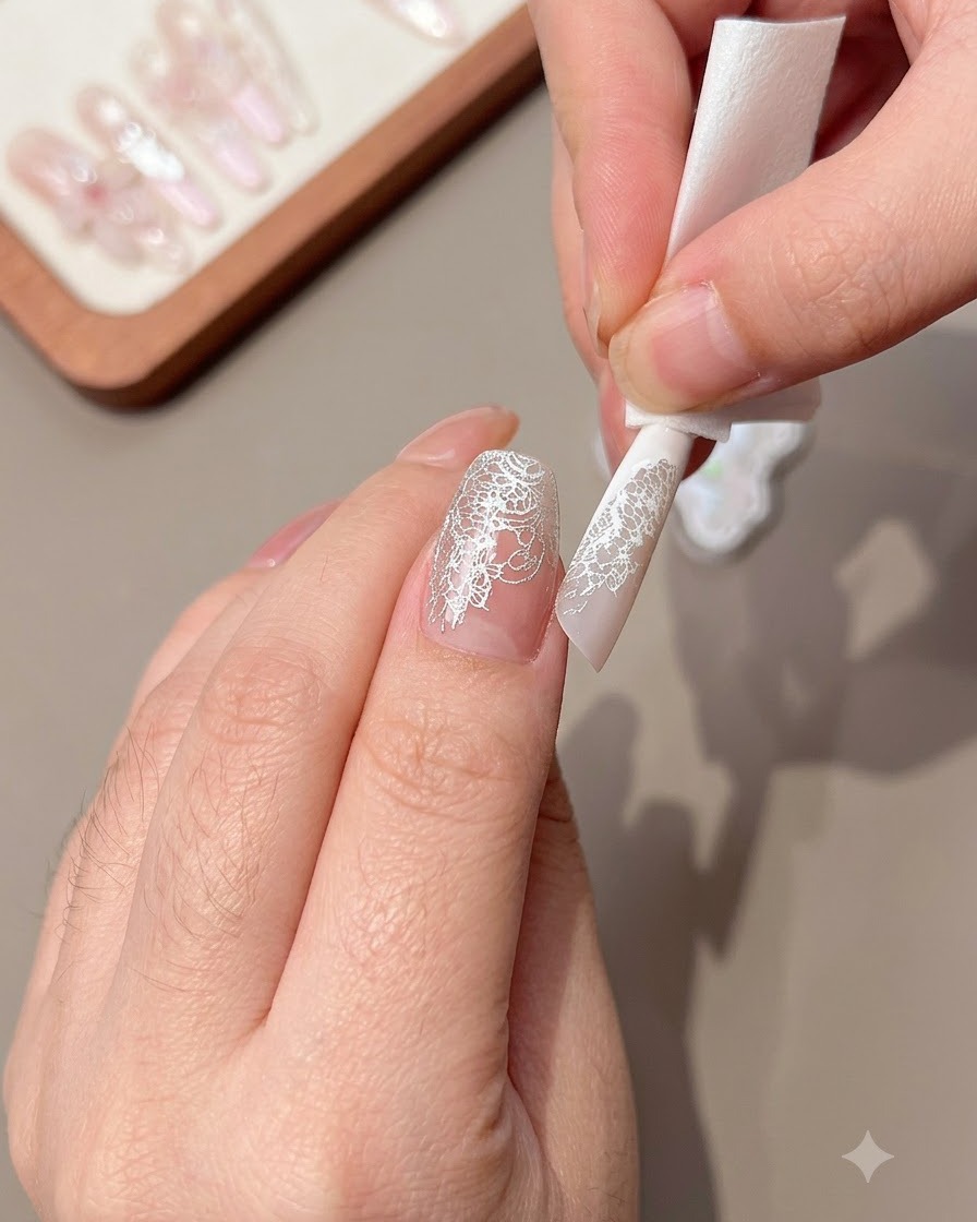 A close-up of a hand using a wipe to clean excess lace pattern from the edge of a decorated nail tip.