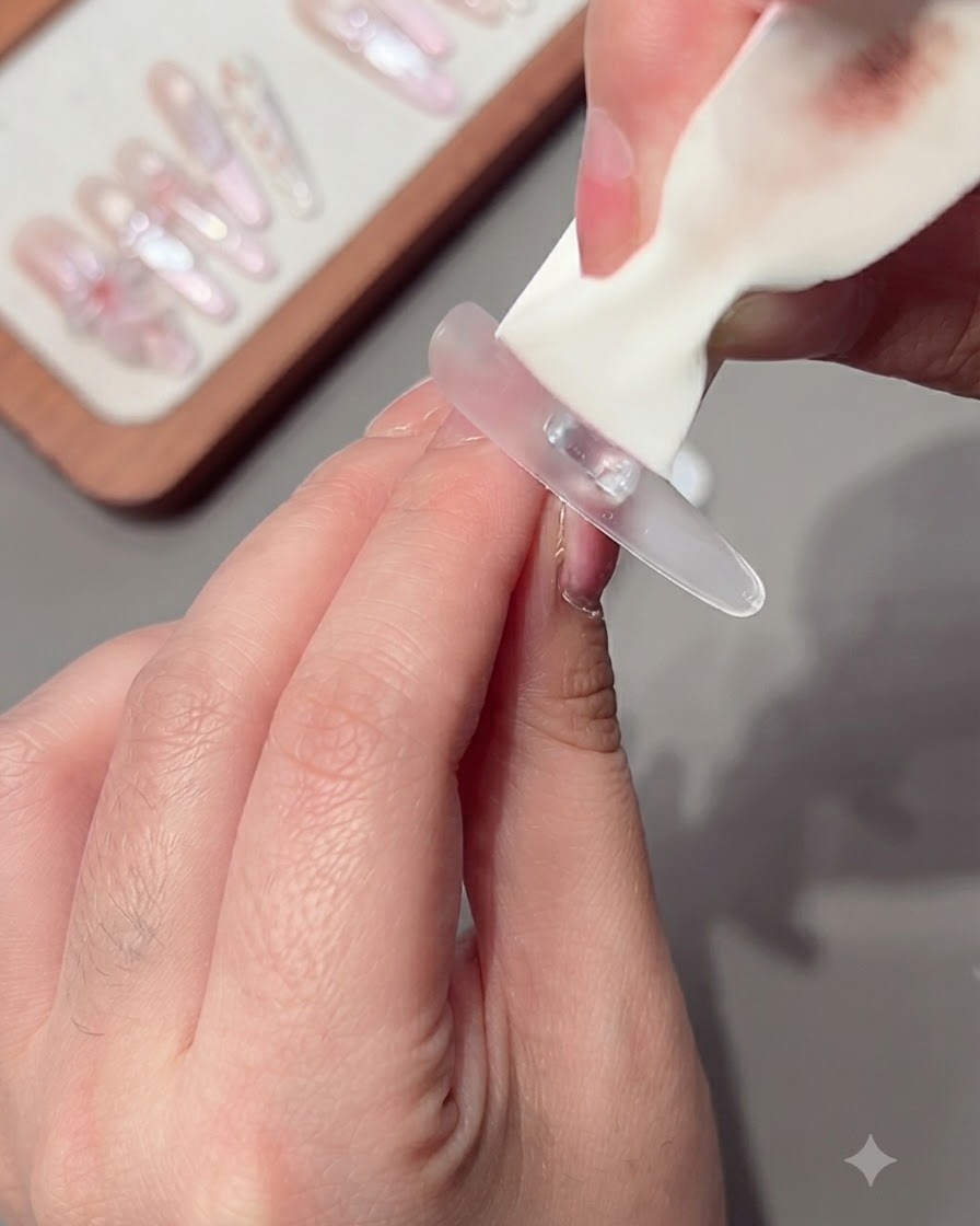 A hand using a wipe to clean floating gel off a shaped nail surface.