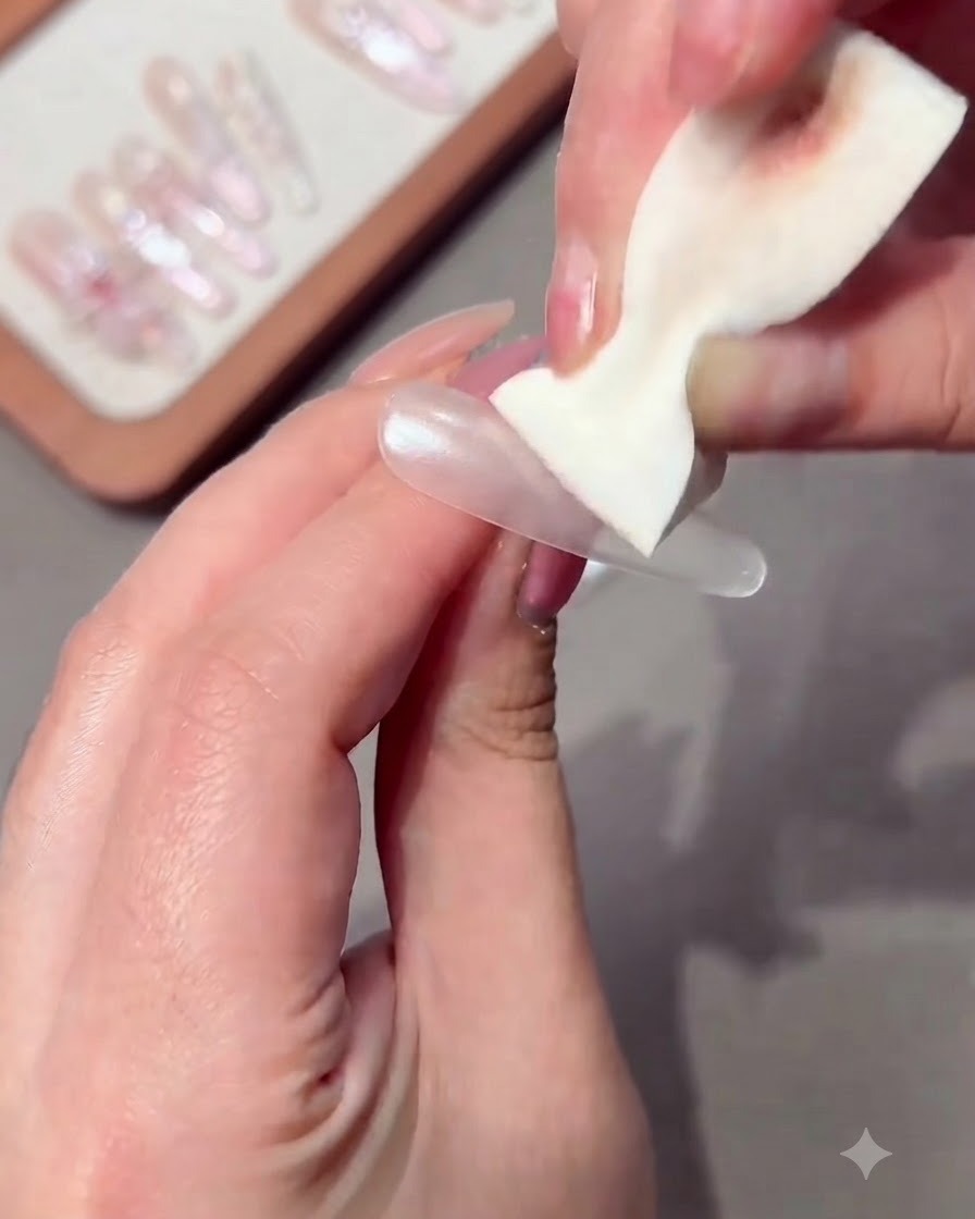 A hand applying a nude pink half-coat gel onto a long nail.