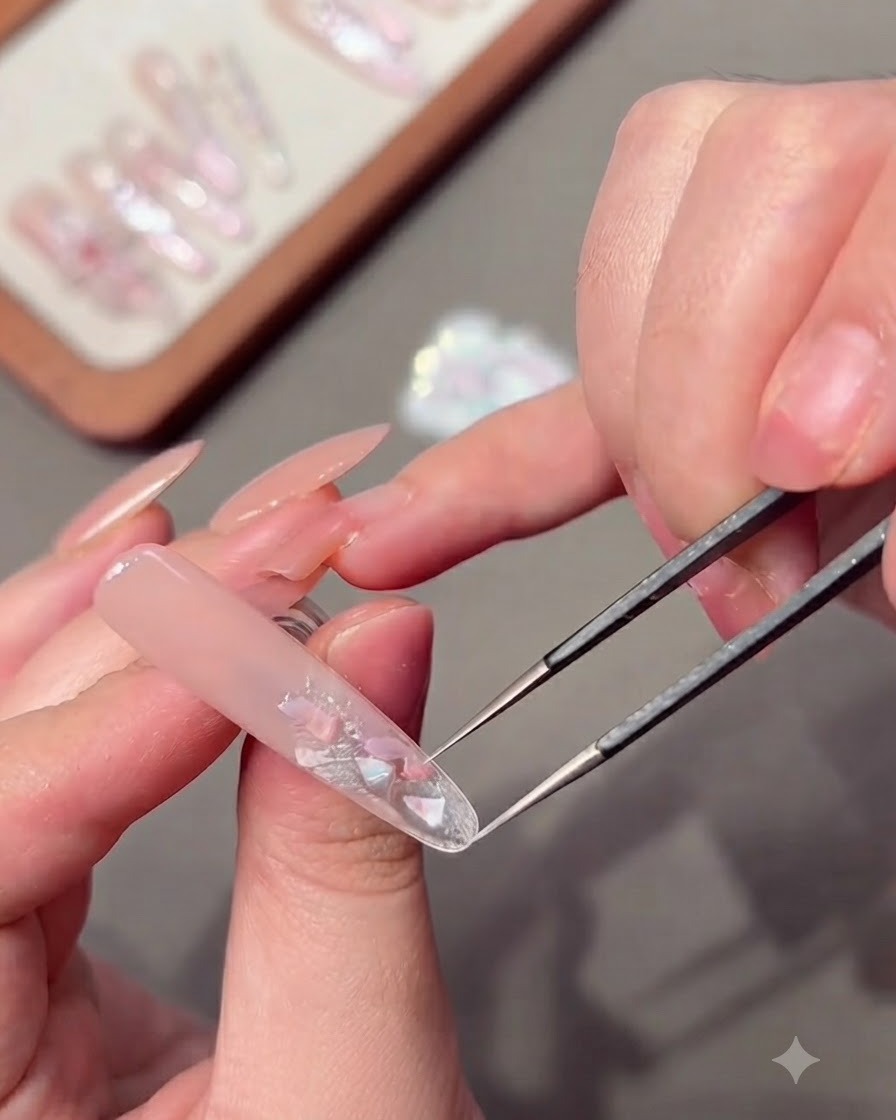 A pair of tweezers carefully placing small and large shell pieces onto a decorative nail.