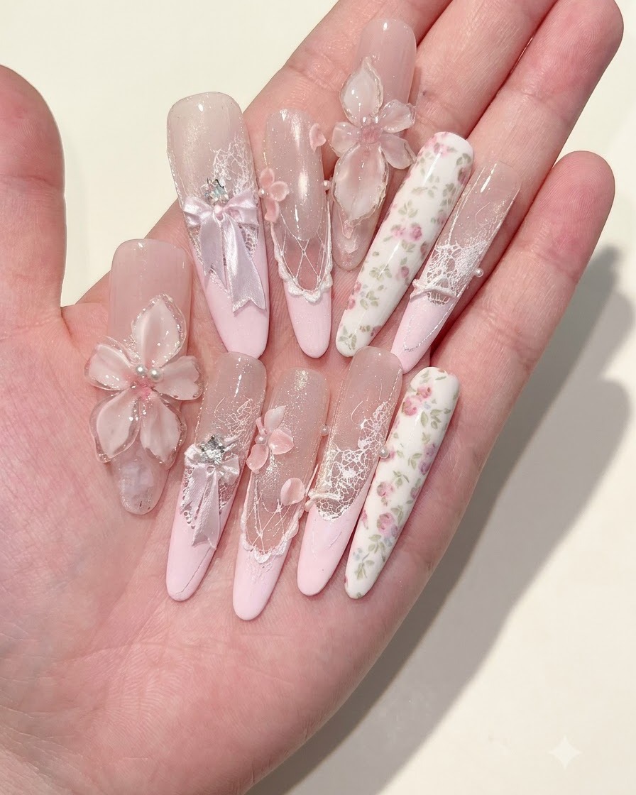 A hand holding finished long decorative nails with textured floral and bow details.