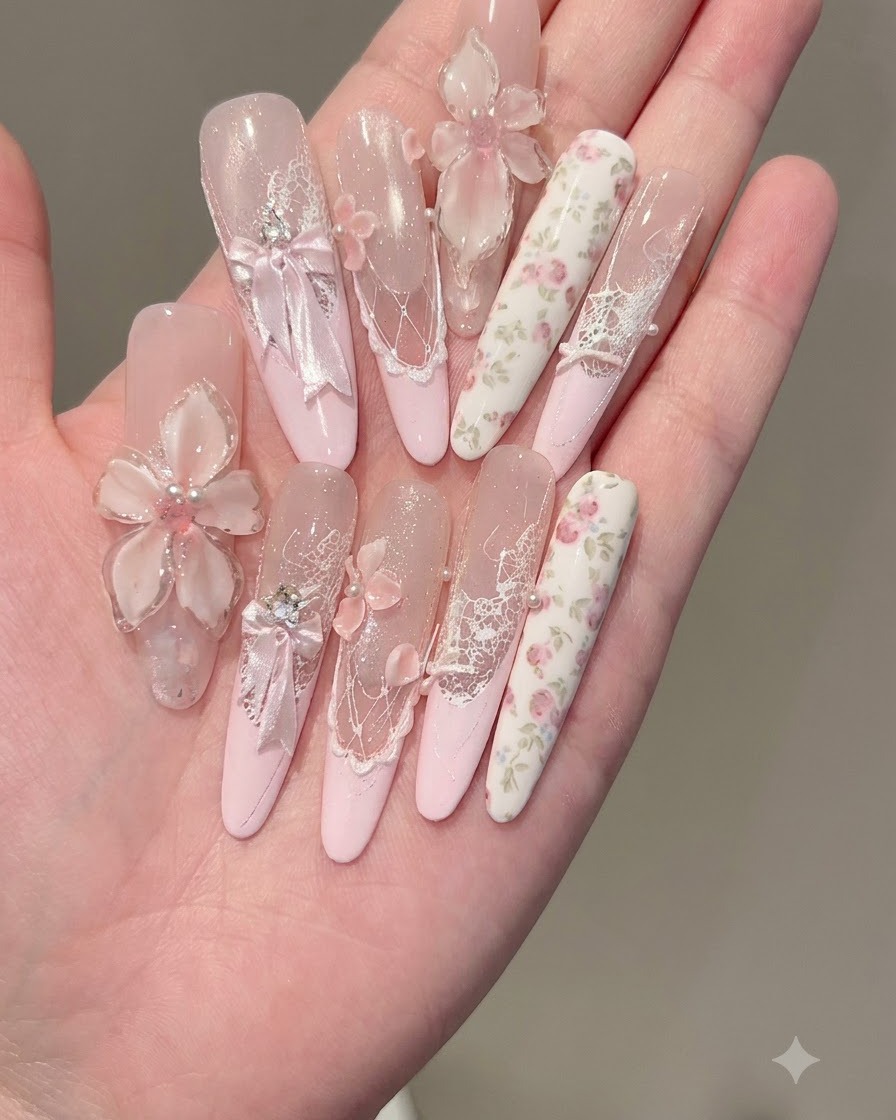 A hand holding a pink nail file, smoothing and buffing the surface of a finished long nail.