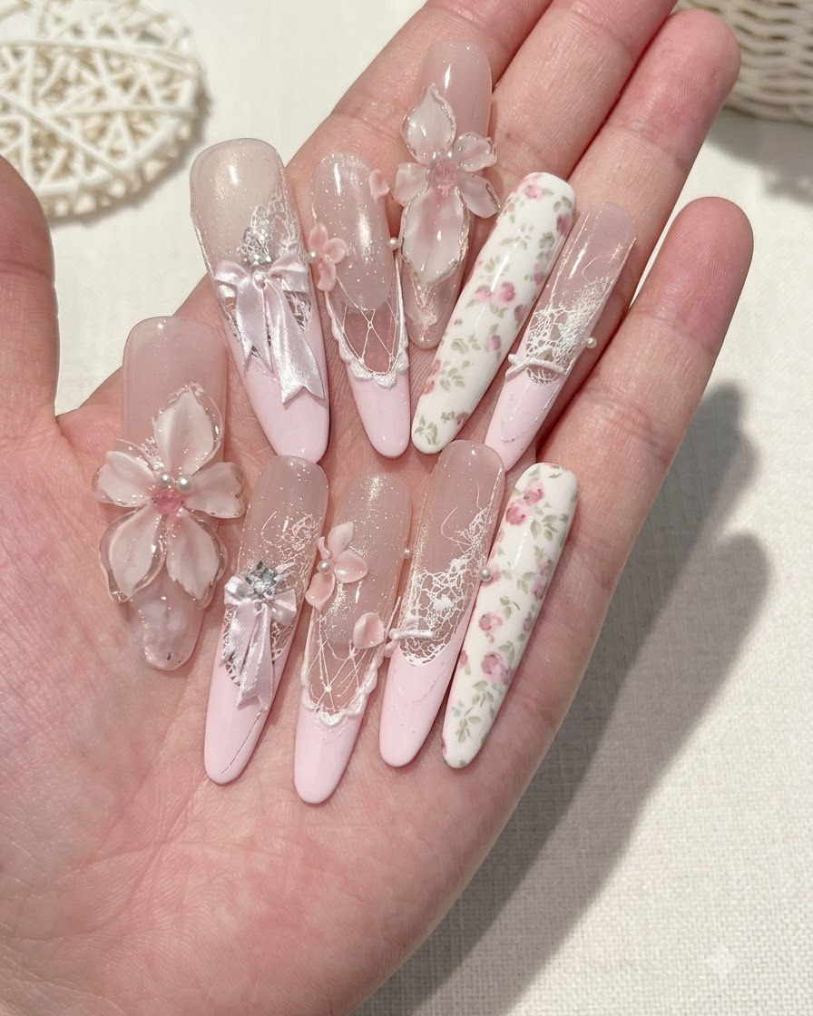 A close-up shot of completed long pink floral nail designs held in an open palm.