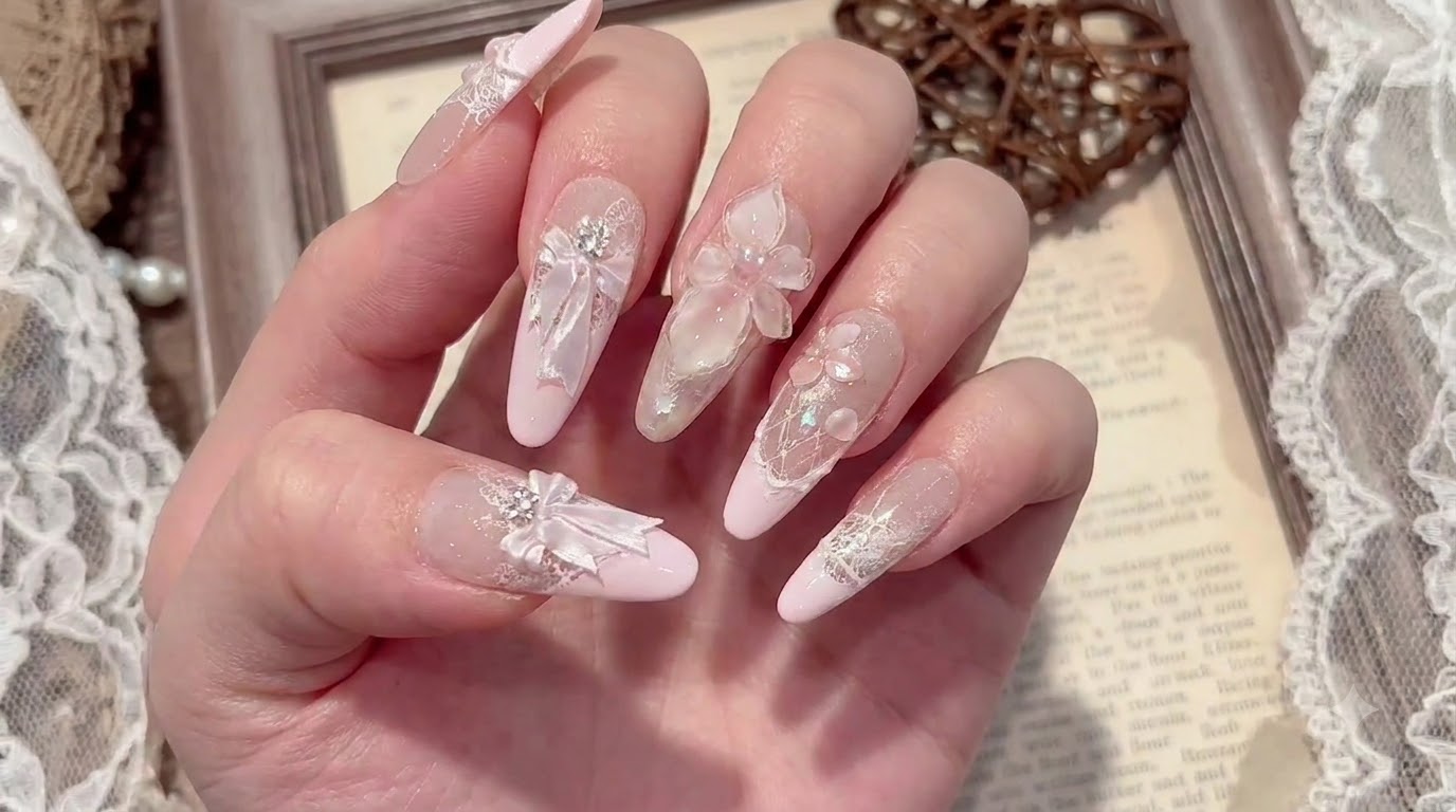Pink Floral and Bow Press-On Nail Tutorial