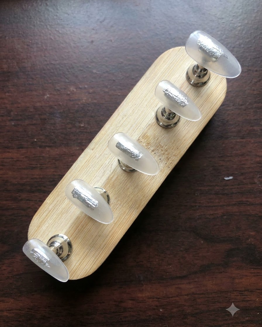 Five clear false nail tips securely attached to a wooden display stand with silver adhesive putty.