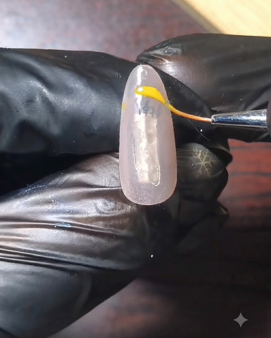 A fine brush applying a curved yellow French tip onto a nude base nail.
