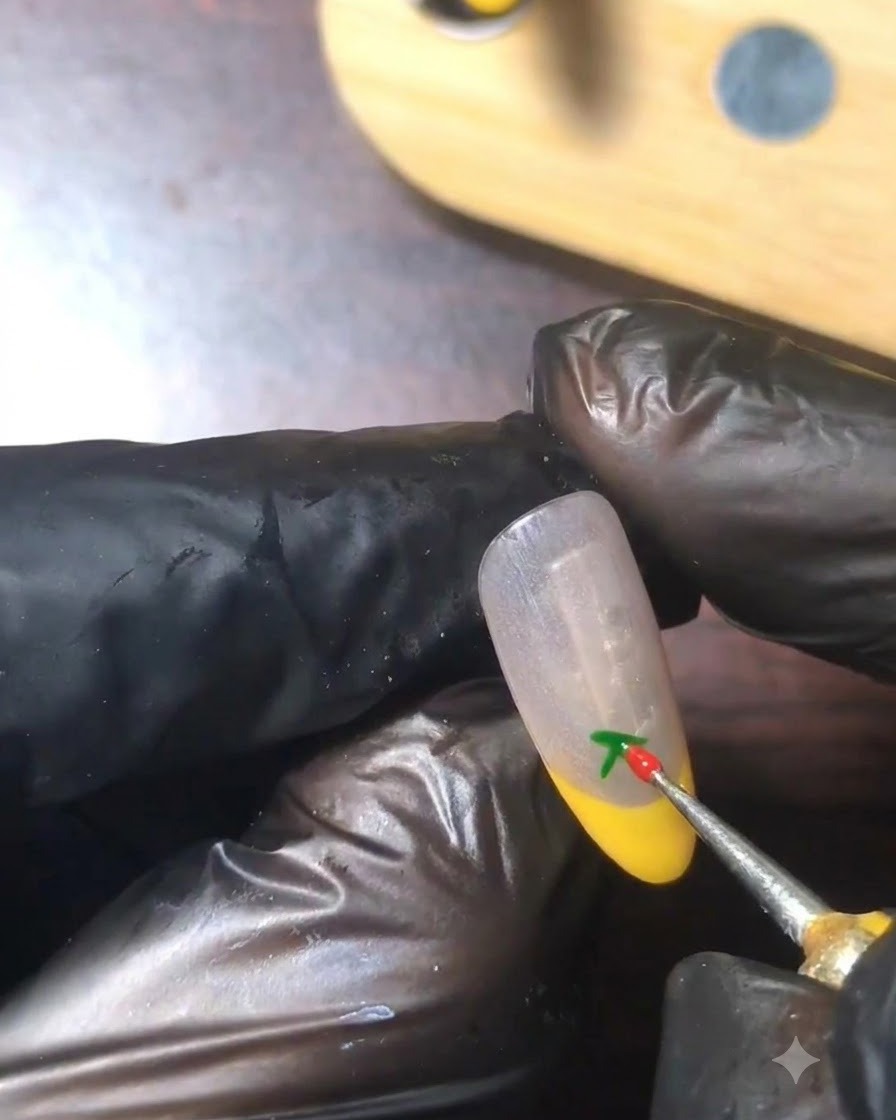 A tool placing two small red dots at the base of the green stem to form cherries.