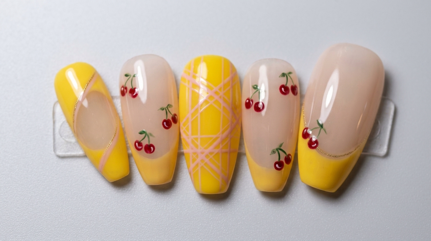 Yellow French Plaid and Cherry Nail Art — Step-by-Step Press-On Tutorial