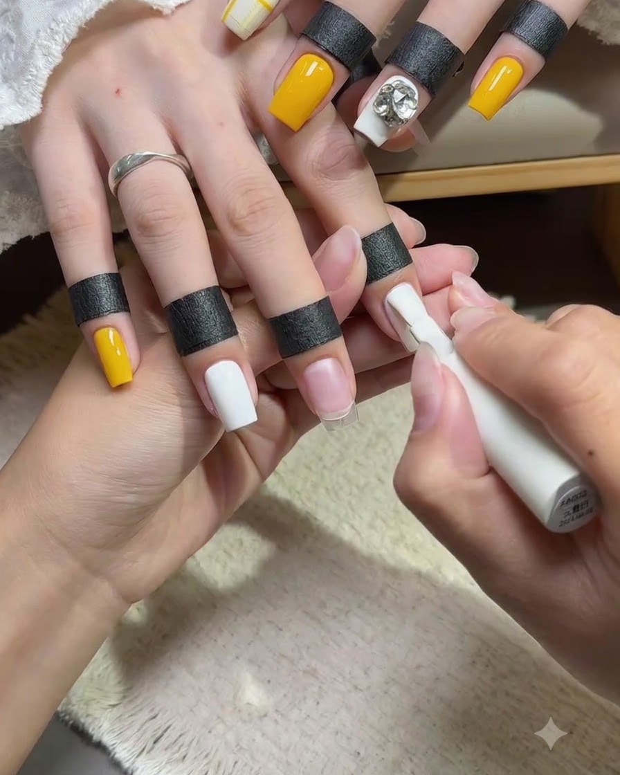 A nail brush applying a smooth layer of opaque white gel polish onto the middle fingernail.
