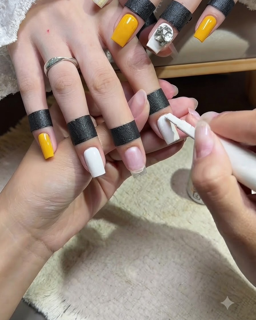 A nail technician applying opaque white gel polish to a long square ring finger nail, while the other nails feature a solid yellow color.