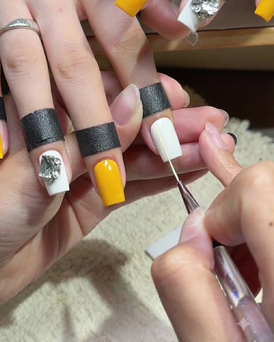 A fine detail nail art brush painting a thin yellow stripe onto a solid white ring fingernail.