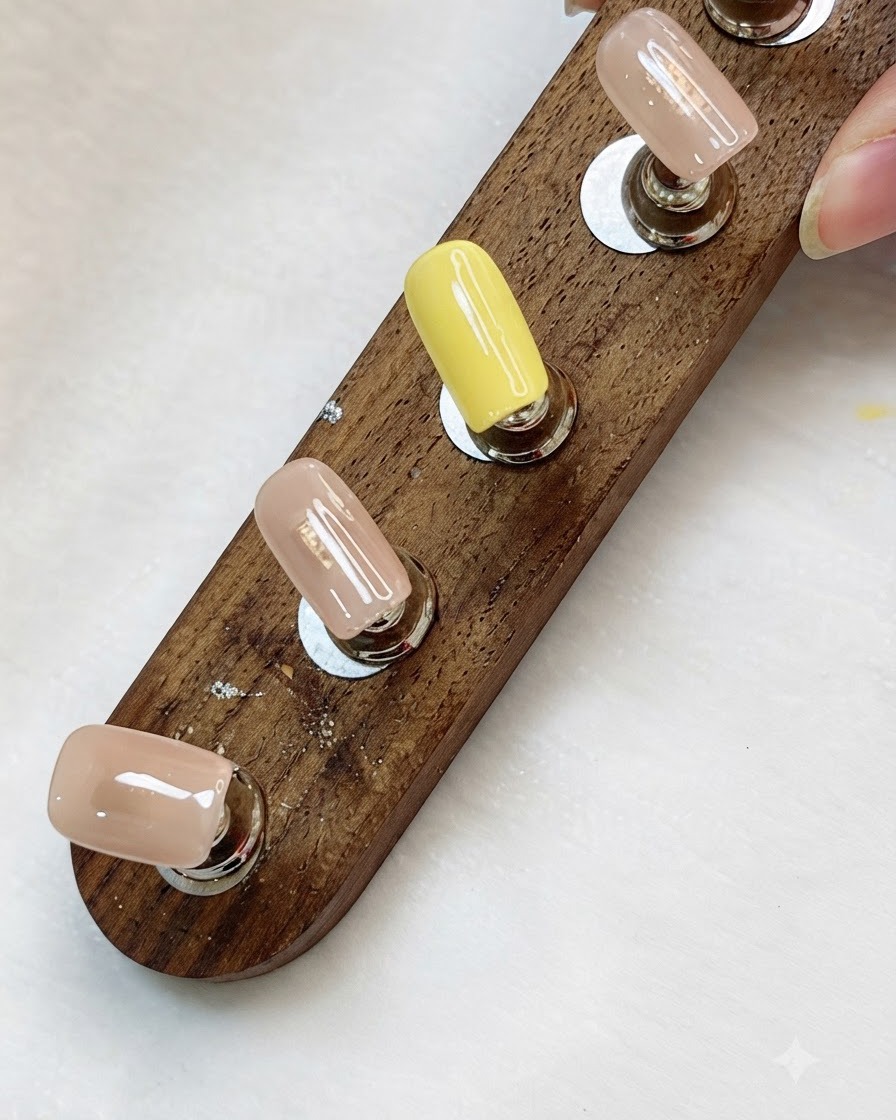 Nail tips showing glossy, opaque second coats of yellow and nude gel.