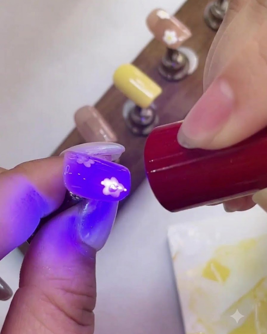 A purple UV pen light curing a yellow flower center on a decorated nail tip.