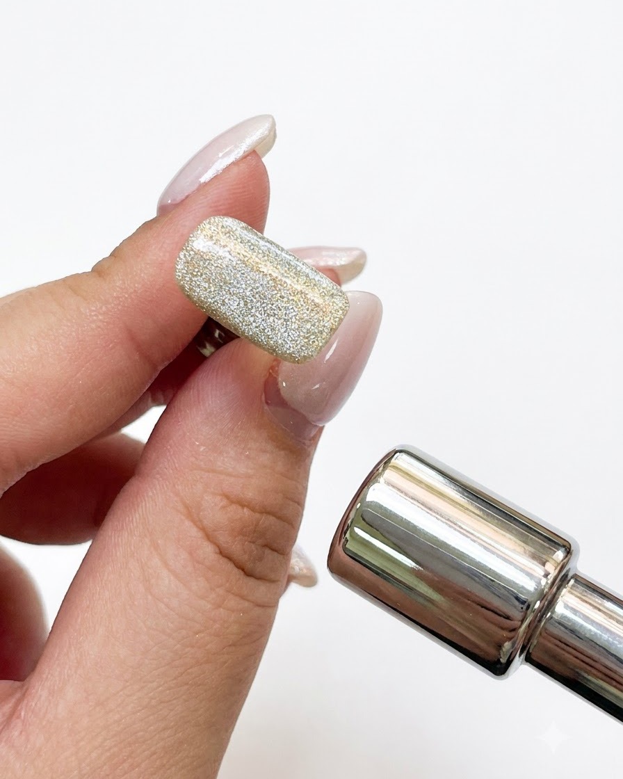 A metal magnetic wand held close to a shimmering cat-eye gel nail tip to align the magnetic particles.