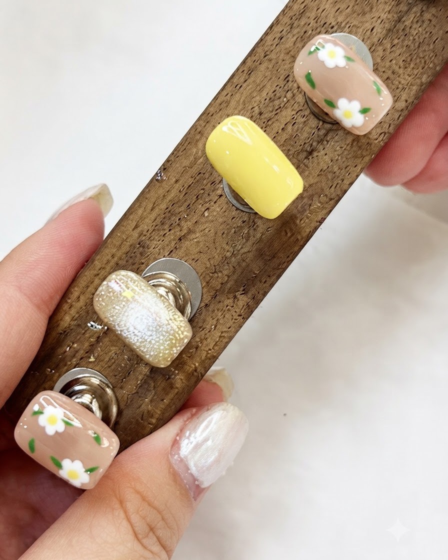 A complete set of finished floral and cat-eye nail art tips mounted on a wooden display stand.