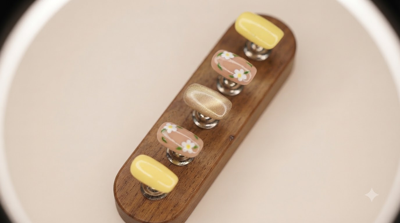 Close-up showcasing the completed spring milky yellow and nude hand-painted floral nail art set displayed on a wooden stand.