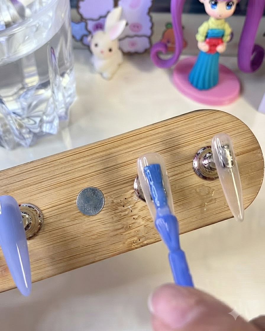 A brush applying bright blue gel polish to an artificial nail tip on a wooden stand, next to a nail painted with a milky white base.