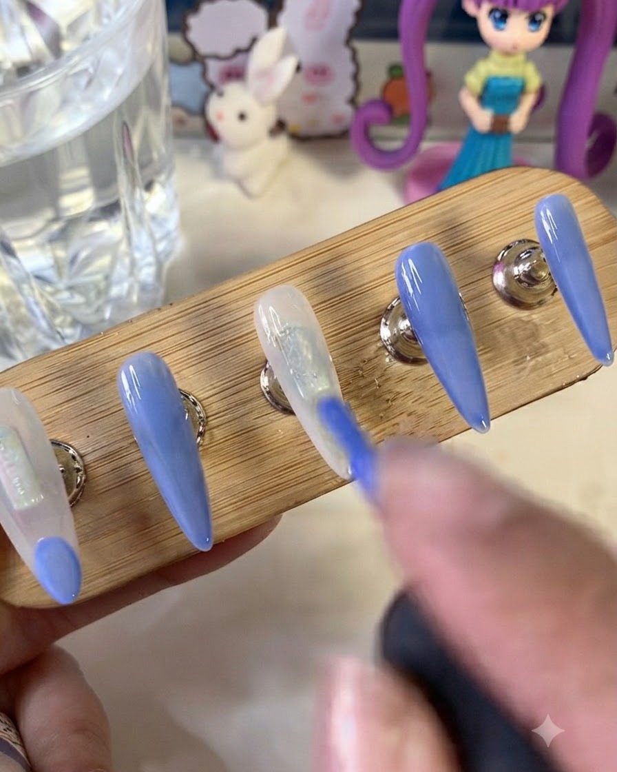 A brush actively painting a vibrant blue French tip design over a milky white base on a practice nail tip.